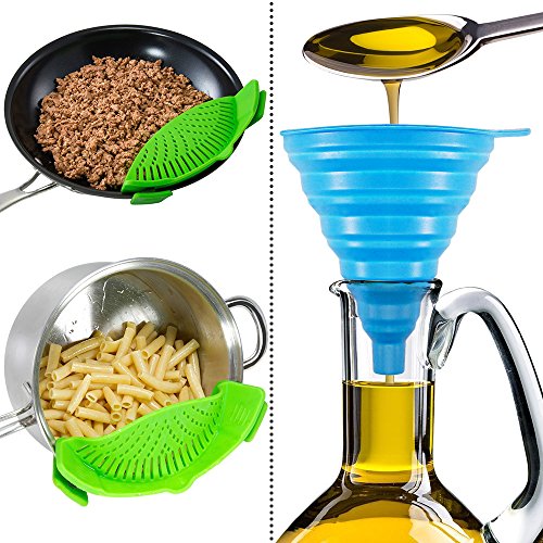 FineGood Colador de Silicona Snap con 2 embudos Plegables, Colgante a Prueba de Calor con Clip de Manos Libres Tazón de la Olla Pan - Verde