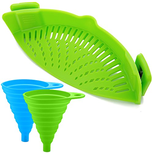 FineGood Colador de Silicona Snap con 2 embudos Plegables, Colgante a Prueba de Calor con Clip de Manos Libres Tazón de la Olla Pan - Verde