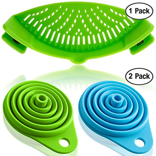 FineGood Colador de Silicona Snap con 2 embudos Plegables, Colgante a Prueba de Calor con Clip de Manos Libres Tazón de la Olla Pan - Verde
