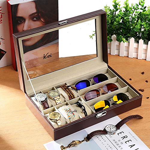 FIONAT Caja para Relojes Cajas para Joyas Hombre Mujer Regalo Viaje Cuero Artificial colección Gafas Expositor Caja de Almacenamiento 30 * 20.5 * 8cm, 6 + 3 marrón