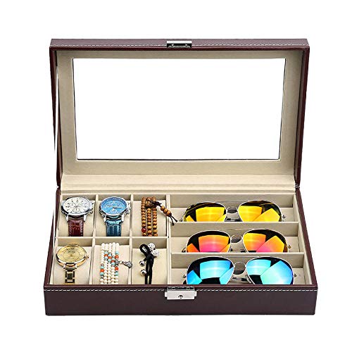 FIONAT Caja para Relojes Cajas para Joyas Hombre Mujer Regalo Viaje Cuero Artificial colección Gafas Expositor Caja de Almacenamiento 30 * 20.5 * 8cm, 6 + 3 marrón