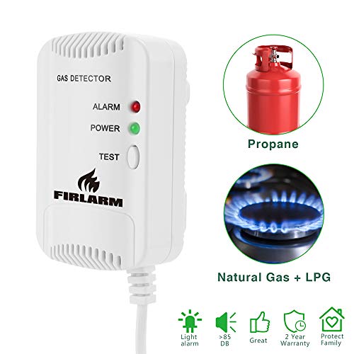 Firlarm - Detector de Gas, Alarma de Gas LPG/Gas Natural/Ciudad, Monitor de Gas butano propano de metano, Advertencia de luz estroboscópica Monitor, Sensor de Fugas de Gas enchufable (Blanco)