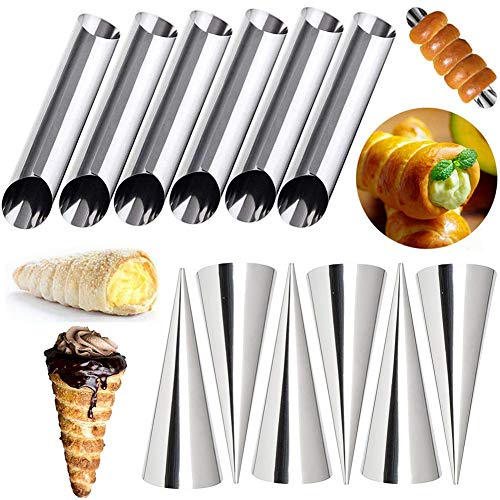 FishMM 12 piezas de moldes de cuerno de crema, forma de cono de acero inoxidable y molde tubular para tubos de helado de cannoli Lady Lock Puff Waffle rollo de pastelería Croissant Shell Cream Roll
