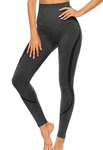 FITTOO Leggings Sin Costuras Corte de Malla Mujer Pantalon Deportivo Alta Cintura Yoga Elásticos Fitness Seamless Negro-4 Medium