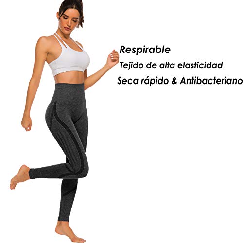 FITTOO Leggings Sin Costuras Corte de Malla Mujer Pantalon Deportivo Alta Cintura Yoga Elásticos Fitness Seamless Negro-4 Medium