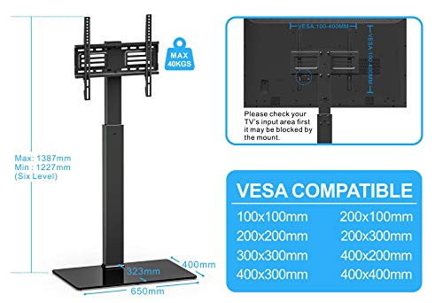 FITUEYES Soporte de Suelo para TV de 27 a 55 Pulgadas hasta 40kg Giratorio 60 Grados Altura Ajustable Soporte de Televisión LED LCD Plasma Curva Plana con Base de Vidrio Templado Máx. VESA 400x400 mm