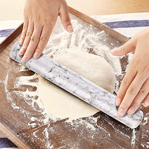 Flexzion Rodillo Francés de Mármol de Amasar, 30 cm (Blanco) con Base de Soporte de Madera, Accesorios de Cocina para Hornear para Donut, Galleta, Pastel, Pasta, Pizza, Masa, Fondant, Pastelería