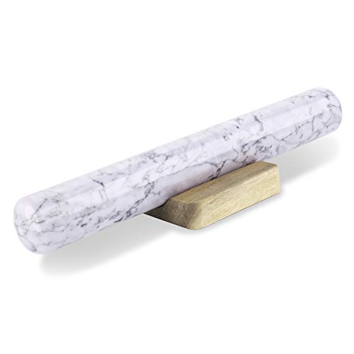 Flexzion Rodillo Francés de Mármol de Amasar, 30 cm (Blanco) con Base de Soporte de Madera, Accesorios de Cocina para Hornear para Donut, Galleta, Pastel, Pasta, Pizza, Masa, Fondant, Pastelería