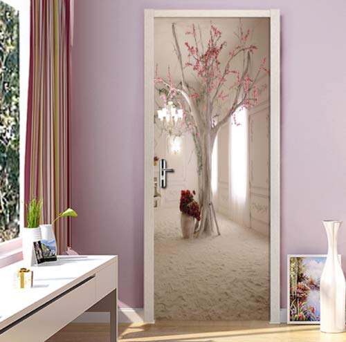 FLFK 3D Espacio Floral árbol Adhesivo Vinilos Puerta Pegatina Pared Murales para Cocina Sala de Baño Decorativos 77X200cm