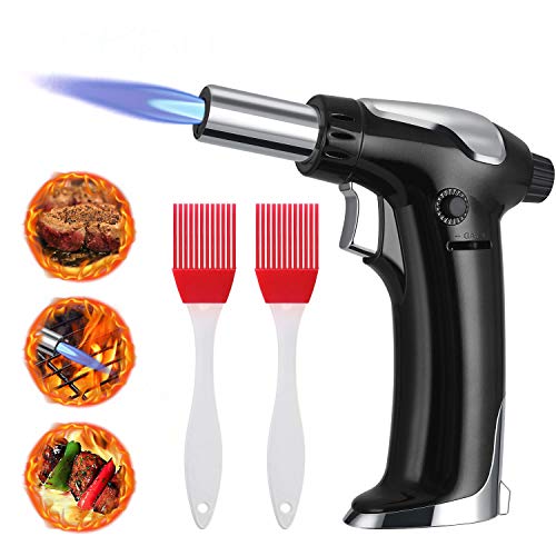 flintronic Antorcha de Cocina, Actualización 2020 Antorcha de Butano Rellenable con Cierre de Seguridad, Llama Ajustable con 2 Cepillos de Silicona para Cocinar, Barbacoa, Pasteles, Soldadura,Negro