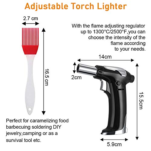 flintronic Antorcha de Cocina, Actualización 2020 Antorcha de Butano Rellenable con Cierre de Seguridad, Llama Ajustable con 2 Cepillos de Silicona para Cocinar, Barbacoa, Pasteles, Soldadura,Negro