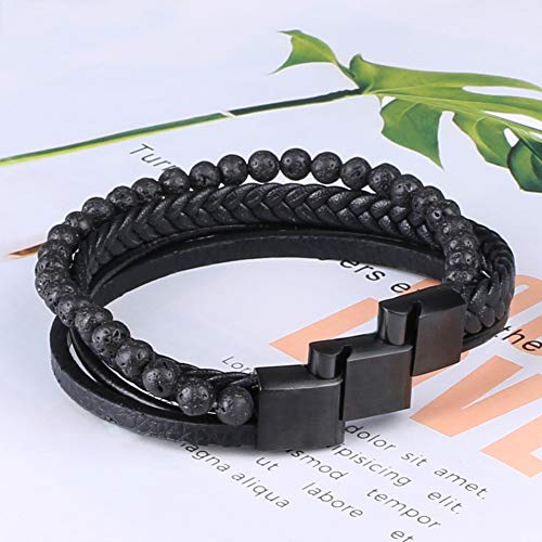 flintronic® Pulsera Hombre, Pulsera de Piedra Natural, Cuero Brazalete Trenzado Cruzada, Pulsera Cuero Trenzado Hombre, Acero Pulsera Trenzada con Cierre Magnética Inoxidable