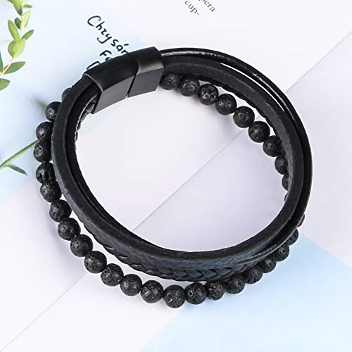 flintronic® Pulsera Hombre, Pulsera de Piedra Natural, Cuero Brazalete Trenzado Cruzada, Pulsera Cuero Trenzado Hombre, Acero Pulsera Trenzada con Cierre Magnética Inoxidable