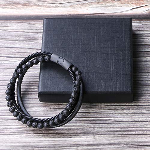 flintronic® Pulsera Hombre, Pulsera de Piedra Natural, Cuero Brazalete Trenzado Cruzada, Pulsera Cuero Trenzado Hombre, Acero Pulsera Trenzada con Cierre Magnética Inoxidable