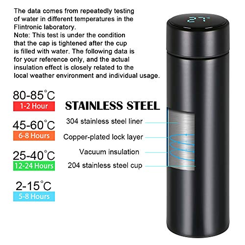 flintronic Taza de Viaje, Termo Taza 500ML Travel Mug, Frasco de Vacío de Acero Inoxidable, Pantalla LCD Táctil Inteligente, Térmica de Doble Pared, Aislado al Vacío, con Portavasos y Cepillo - Negro