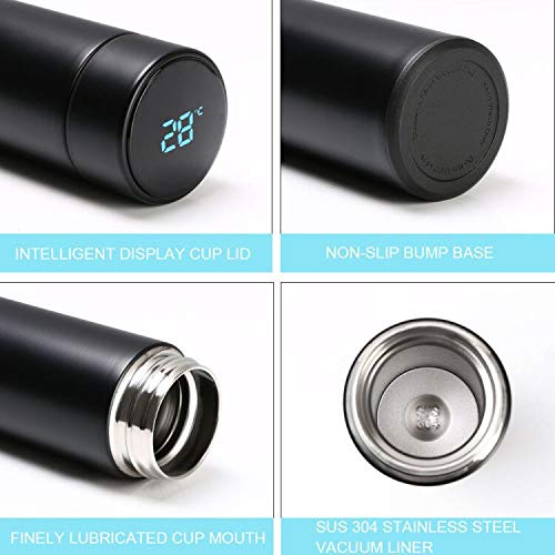flintronic Taza de Viaje, Termo Taza 500ML Travel Mug, Frasco de Vacío de Acero Inoxidable, Pantalla LCD Táctil Inteligente, Térmica de Doble Pared, Aislado al Vacío, con Portavasos y Cepillo - Negro