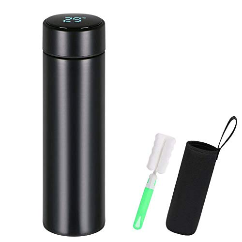 flintronic Taza de Viaje, Termo Taza 500ML Travel Mug, Frasco de Vacío de Acero Inoxidable, Pantalla LCD Táctil Inteligente, Térmica de Doble Pared, Aislado al Vacío, con Portavasos y Cepillo - Negro