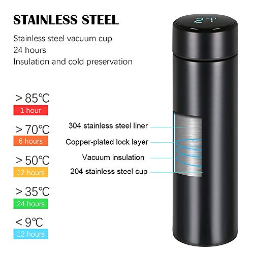 flintronic Taza de Viaje, Termo Taza 500ML Travel Mug, Frasco de Vacío de Acero Inoxidable, Pantalla LCD Táctil Inteligente, Térmica de Doble Pared, Aislado al Vacío, con Portavasos y Cepillo - Negro