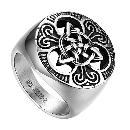 Flongo Anillo de Compromiso para Hombre, Anillo de Sello Grande Celta celtico Anillo de Nudo irlandés, Amuleto Anillo de Acero Inoxidable, Talla 22