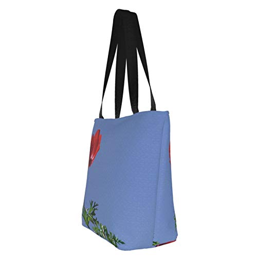 Flor de anémona roja contra un cielo azul claro Bolsas de tela reutilizables para compras de comestibles, bolsas de moda para manualidades, diseños creativos