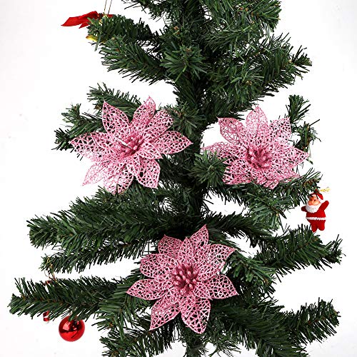 Flores Navidad Artificiales, 9 piezas de adornos de árbol de Navidad con purpurina rosa Flores artificiales florales decorativas para bodas de Navidad (14 cm)