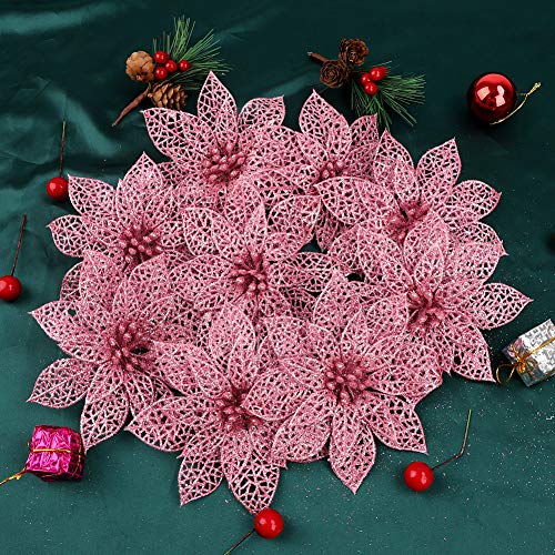 Flores Navidad Artificiales, 9 piezas de adornos de árbol de Navidad con purpurina rosa Flores artificiales florales decorativas para bodas de Navidad (14 cm)