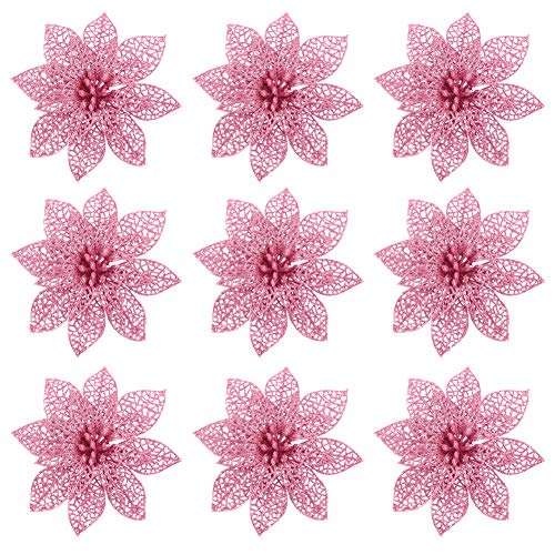 Flores Navidad Artificiales, 9 piezas de adornos de árbol de Navidad con purpurina rosa Flores artificiales florales decorativas para bodas de Navidad (14 cm)