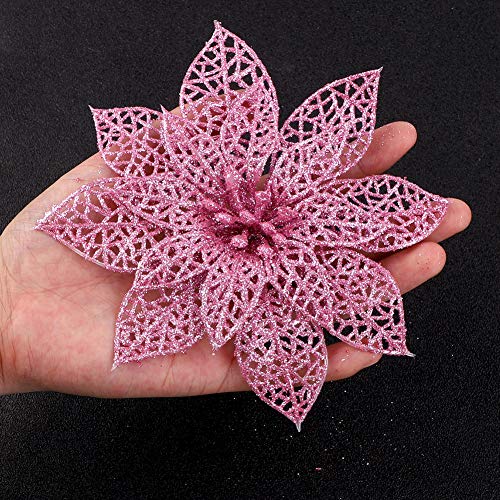Flores Navidad Artificiales, 9 piezas de adornos de árbol de Navidad con purpurina rosa Flores artificiales florales decorativas para bodas de Navidad (14 cm)