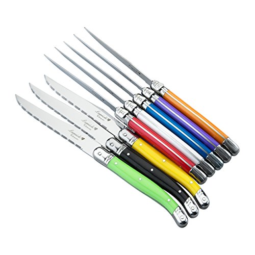 FLYINGCOLORS Laguiole - Juego de cuchillos para carne (8 unidades, acero inoxidable, mango multicolor)