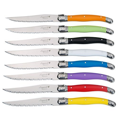 FLYINGCOLORS Laguiole - Juego de cuchillos para carne (8 unidades, acero inoxidable, mango multicolor)