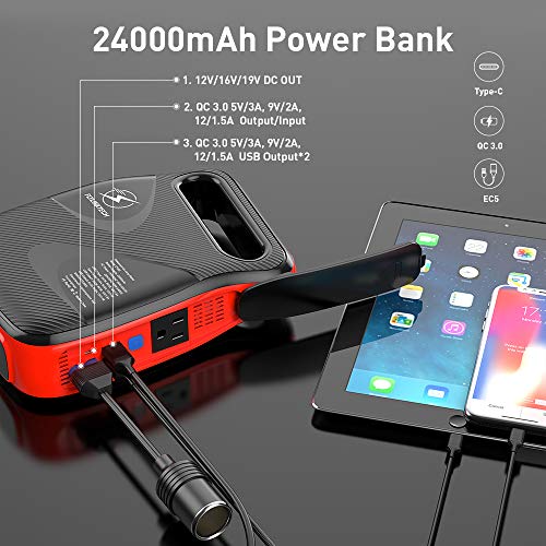 FLYLINKTECH 2500A Arrancador de Coche, 24000mAh Arrancador de Baterias de Coche para Toda la Gasolina o 8.0L Diesel Arranque Batería Jump Starter 12V con Pinzas Inteligentes