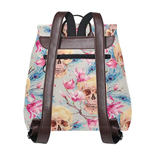 Flyup Vintage Watercolor Skull and Pink Flowers Magnolia PU Leather Backpack Photo Custom Shoulder Bag School College Book Bag Casual Daypacks Diaper Bag for Women and Girl Mochila de cuero para muje