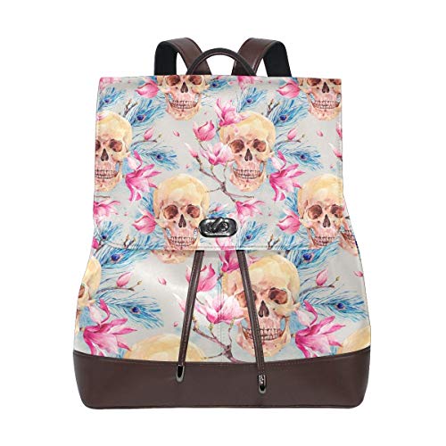 Flyup Vintage Watercolor Skull and Pink Flowers Magnolia PU Leather Backpack Photo Custom Shoulder Bag School College Book Bag Casual Daypacks Diaper Bag for Women and Girl Mochila de cuero para muje