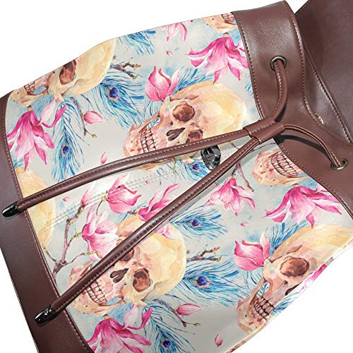 Flyup Vintage Watercolor Skull and Pink Flowers Magnolia PU Leather Backpack Photo Custom Shoulder Bag School College Book Bag Casual Daypacks Diaper Bag for Women and Girl Mochila de cuero para muje