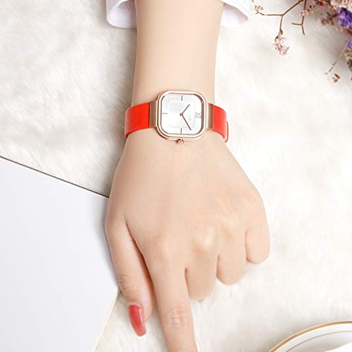 FNCUR Dial Reloj del Cuadrado Hembra Swiss Azúcar, Correa De Cuero Simple, Placa Blanca Cuarzo De Las Señoras del Reloj, De Oro Rosa Placa Blanca Gris, Rojo (Color : Red)