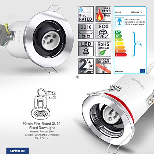 Foco LED empotrable GU10 resistente al fuego cromado pulido, Brite-R, chapa de acero IP20, compatible con halógeno, con certificación CE, fácil instalación, bombilla no incluida.