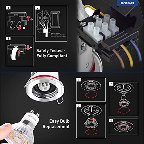 Foco LED empotrable GU10 resistente al fuego cromado pulido, Brite-R, chapa de acero IP20, compatible con halógeno, con certificación CE, fácil instalación, bombilla no incluida.