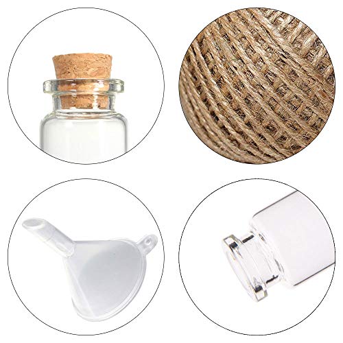 FOGAWA 48Pcs Mini Botellas de Vidrio 20ML Mini Botes de Cristal con Tapón de Corcho Botella para Boda Decoraciones Favores DIY Mensajes con 48 Tornillos 3 Embudos 30M Cuerda de Cáñamo