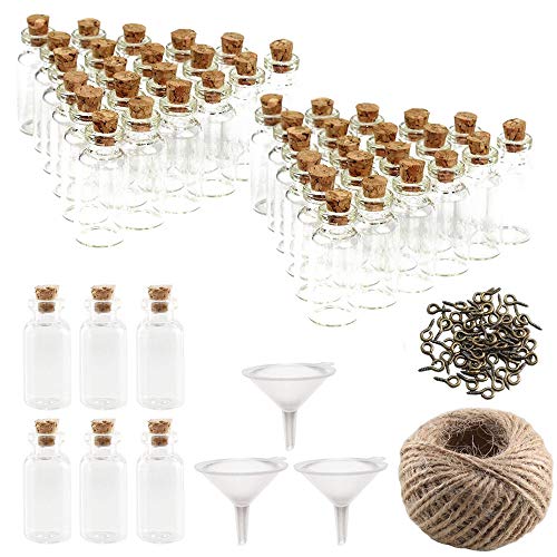 FOGAWA 48Pcs Mini Botellas de Vidrio 20ML Mini Botes de Cristal con Tapón de Corcho Botella para Boda Decoraciones Favores DIY Mensajes con 48 Tornillos 3 Embudos 30M Cuerda de Cáñamo
