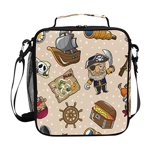 Folpply - Bolsa de almuerzo con brújula de pirata y diseño de dibujos animados retro con cierre aislante