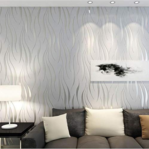 Fondo blanco Moderno Ola de plata Algas Rayas Papel pintado geométrico 3D Rollo para dormitorio Sala de estar Decoración del hogar Alivio TV Sofá Fondo（10m）