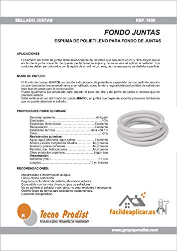 FONDO JUNTAS de Tecno Prodist, (10 m x 15 mm diámetro) relleno juntas de dilatación apto para selladores elastómeros y masillas de poliuretano