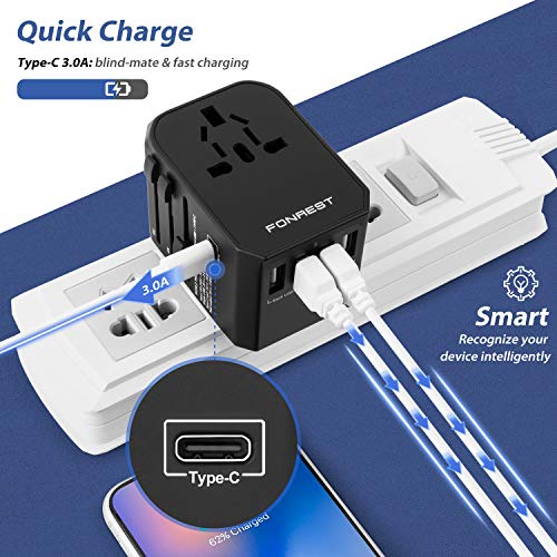 FONREST Adaptador de Corriente de Viaje Universal con 4 USB, Tipo-C Carga rapida. Todo en uno Toma de CA para el secador de Pelo 1760W, Internacional Cargador de Pared Enchufe Convertidor