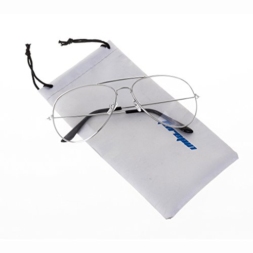 forepin Montura Gafas de Aviador para Unisex Hombre y Mujer con Montura de Metal-Acero Fino Retro Vintage Lente Transparente Visión Clara (Plata)+ Embalaje