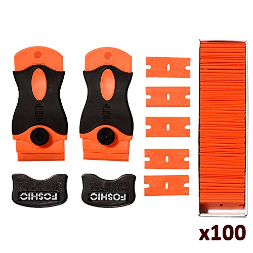 FOSHIO 1.5" raspador de la hoja de raspador de bloqueo de plástico con tapa de seguridad - rascador de 2 piezas y cuchillas de plástico de doble filo 100pcs