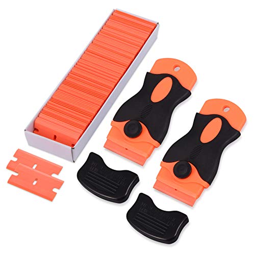 FOSHIO 1.5" raspador de la hoja de raspador de bloqueo de plástico con tapa de seguridad - rascador de 2 piezas y cuchillas de plástico de doble filo 100pcs
