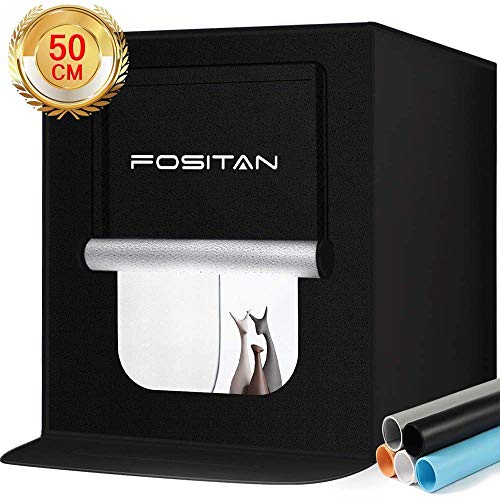 FOSITAN Caja de Luz 50x50cm/20 Caja de Fotografía portátil Estudio fotográfico, 140 con LED Brillantes Foto Estudio, 5 Fondos (Negro, Azul, Blanco, Naranja, Gris) y Bolsa de Transporte