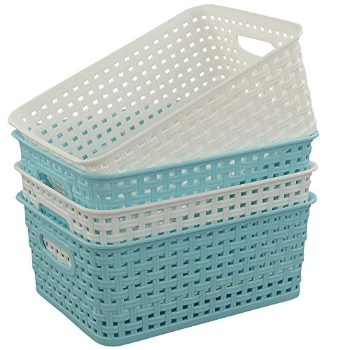 Fosly Paquete de 6 Cesta de Almacenamiento de Plástico Pequeña, Blanco y Azul Cesto Plastico Trenzado