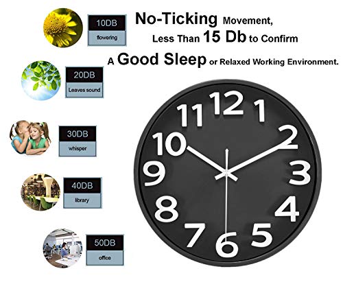 Foxtop 30 cm Moderno Silencioso Cuarzo Redondo Reloj de Pared sin Tic TAC Numeros 3D para Cocina Escuela Oficina Sala de Clase (Negro)