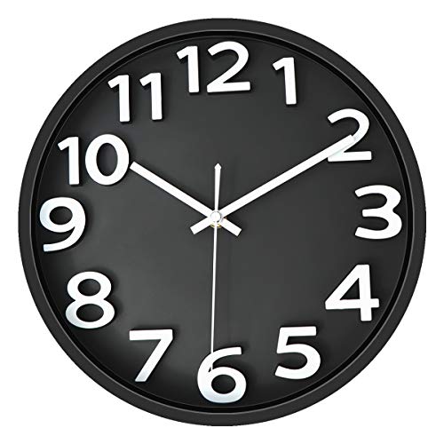 Foxtop 30 cm Moderno Silencioso Cuarzo Redondo Reloj de Pared sin Tic TAC Numeros 3D para Cocina Escuela Oficina Sala de Clase (Negro)